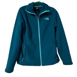 North Face teal green coat zip front with fuzzy lining.  Size Small